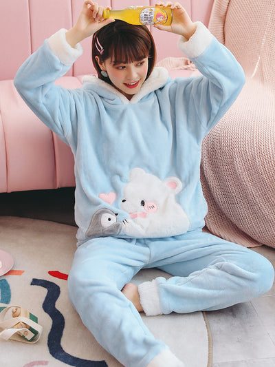 Blue Penguin Polar Bear Pajamas Female Coral Fleece Thick