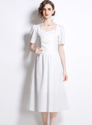 Retro French Pleated White Dress