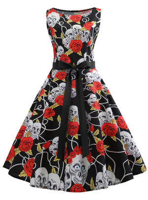 Women Skull Print Vintage Dress