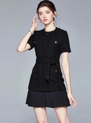 Tweed Waist Short Sleeve Pleated Dress