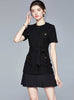 Tweed Waist Short Sleeve Pleated Dress