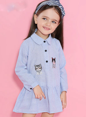 Shirts Kids Dresses Long Sleeve Blue Striped Embroidery