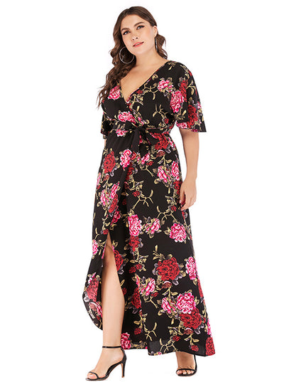 Printed V-neck Short Sleeve Bohemian Split Dress