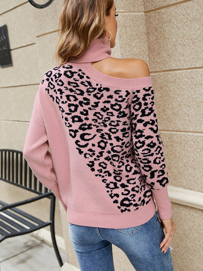 Women Lapel Leopard Print Sweater