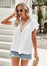 V-neck Ruffled Top Short Sleeve Shirt