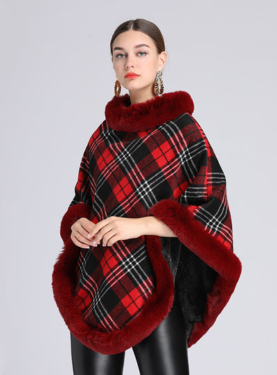 Plaid Plus Imitation Rex Rabbit Fur Collar Shawl Knitting