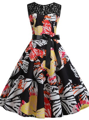 Retro Printed Sleeveless Lace Stitching Dress