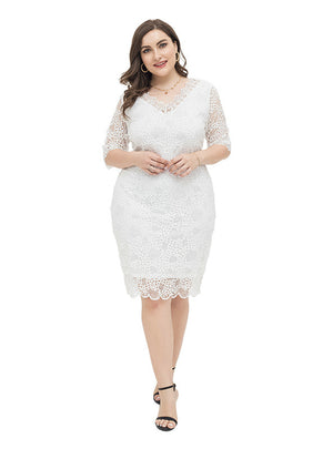 Plus Size Lace Hollow Short Sleeves Dress