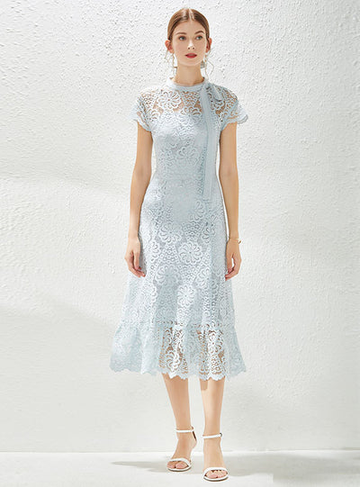 Women Blue Lace Cap Sleeve Dress