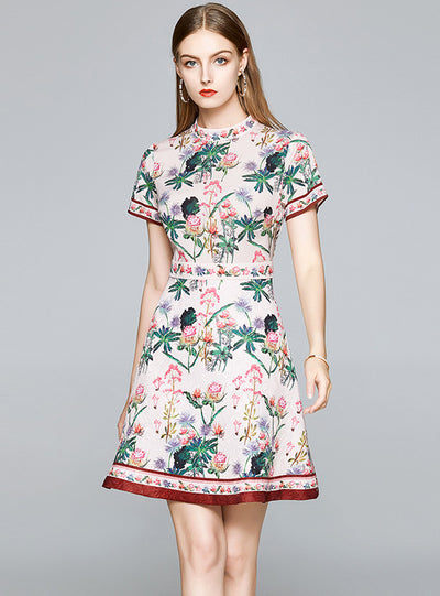 A-line Female Collar Waist Print Dress