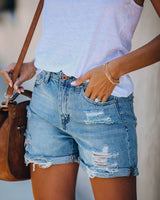 Slim Perforated and Hemmed Denim Shorts