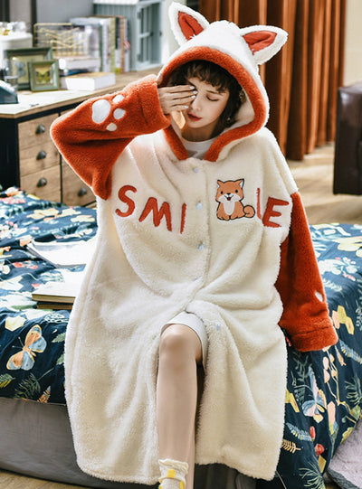 Winter Women Beige White Fox Velvet Nightwear