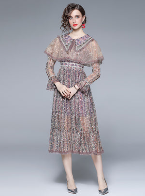 Yarn Floral Pleats Long Sleeve Dress