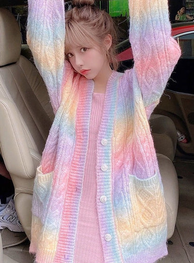 Women Rainbow Knitted Cardigan Sweet Sweater