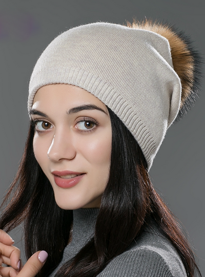 Hat Wool Knitted Beanies Cap Fox Fur