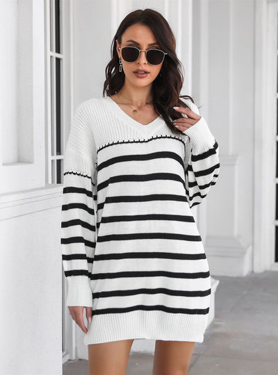Striped V-neck Long Sleeve Sweater