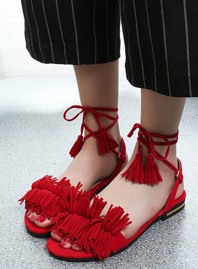 Fur Ankle Strap Gladiator Sandals Women Flats 