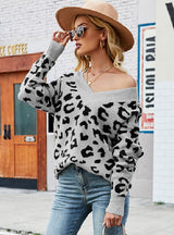 Loose V-neck Leopard Pullover Sweater