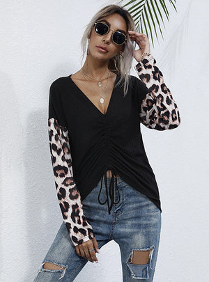 Spliced Leopard V-neck Pleated Long Sleeve T-shirt
