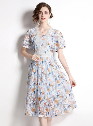 Lace Floral V-neck Short Sleeve Dress