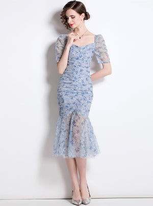 Square Collar Pleated Gauze Floral Dress