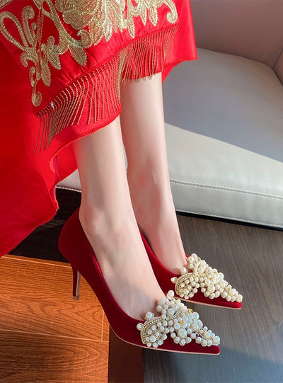 Red High-heeled Pearls Shoes