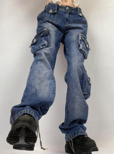 Buckle Low Waist Retro Pocket Straight Jeans