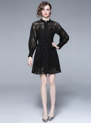 Black Lace Lantern Sleeve Short Dress
