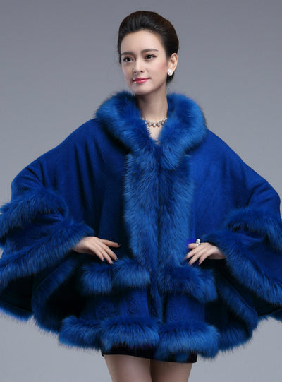 Knitted Shawl Cardigan Hooded Fur Shawl Cape