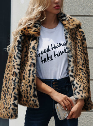 Leopard Coat Faux Fur Women's Long Sleeve Plush