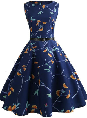 Navy Blue Print Retro Sleeveless Dress