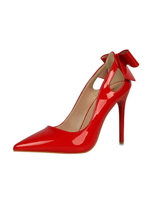 Pointed Patent Leather Hollow Bow Shoes