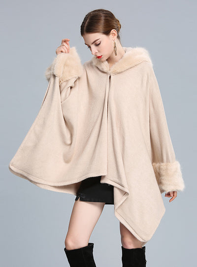 Mink-like Hooded Shawl Cloak Large Size Knitted Cardigan