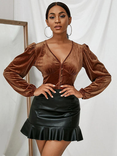 V-neck Slim Bubble Sleeve Velvet T-shirt