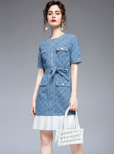 Spliced Pleated Lace Check Denim Dress