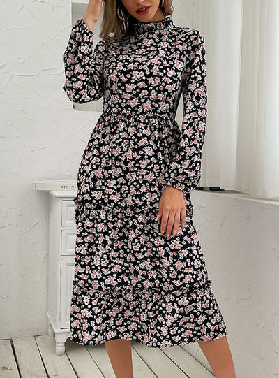Printed Floral Ear Long Sleeve Dress