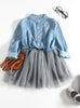 Denim Mesh Patchwork Girl Dress Long Sleeve