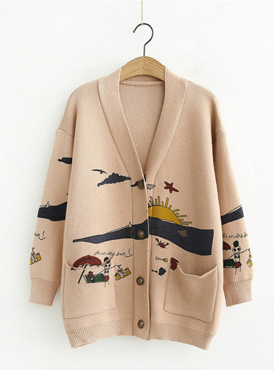 Women's Winter Cardigan Sweater Loose Cute Print