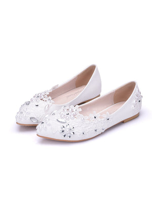 White Lace Flat Rhinestone Pearl Wedding Shoes