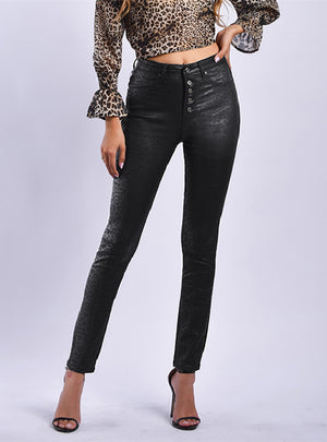 Black Leopard Print PU leather Pants