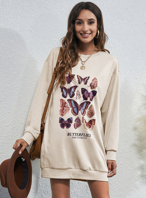 Fashion Round Neck Butterfly Print Long Top