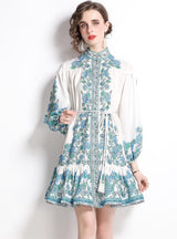 Printed Long Sleeve Waist Slim Dress
