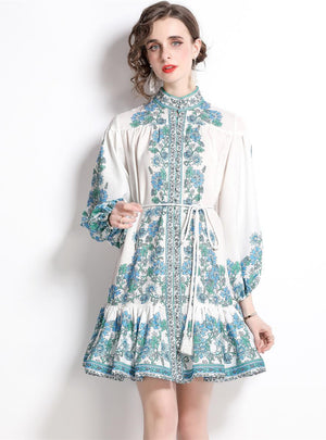 Printed Long Sleeve Waist Slim Dress