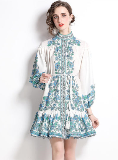 Printed Long Sleeve Waist Slim Dress