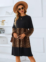 Round Neck Leopard Print Stitching Long Sleeve Dress