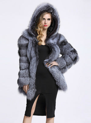 Faux Fox Fur Medium Length Sleeve Cap Coat Female