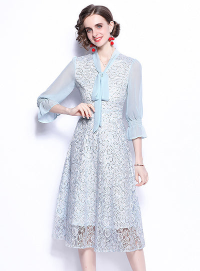 Lace Chiffon Stitching Slim Bow Dress
