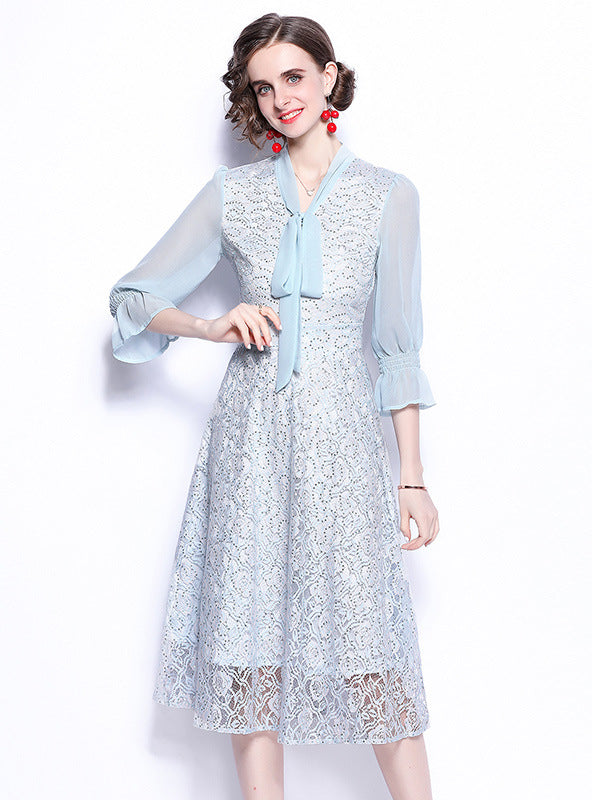 Lace Chiffon Stitching Slim Bow Dress