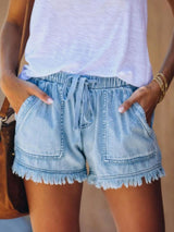Elastic Waist Drawstring High Waist Denim Shorts