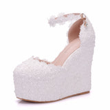White Lace Wedges Pearl Wedding Shoes